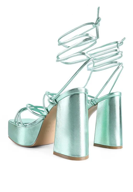 Anvil Metallic Block Heeled Laceup Platform Sandals