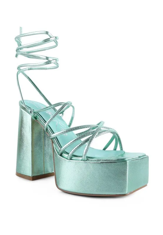 Anvil Metallic Block Heeled Laceup Platform Sandals
