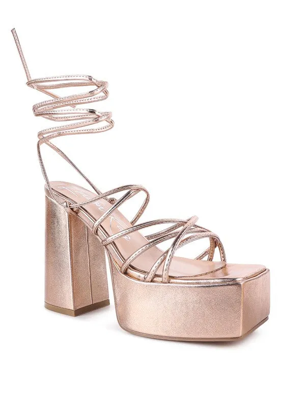 Anvil Metallic Block Heeled Laceup Platform Sandals
