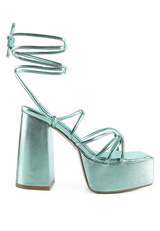 Anvil Metallic Block Heeled Laceup Platform Sandals
