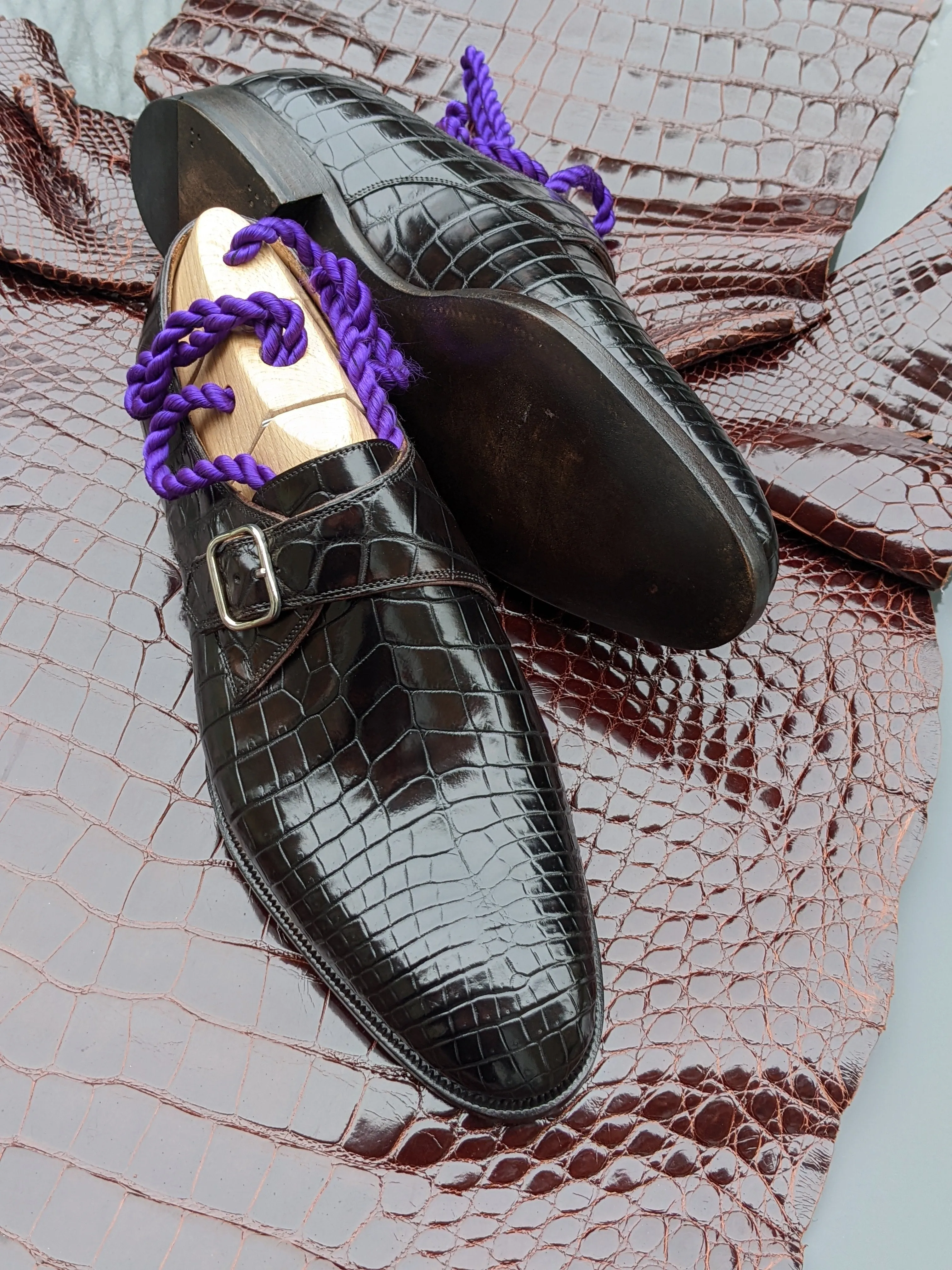 Ascot Single Monk - Dark Brown Crocodile