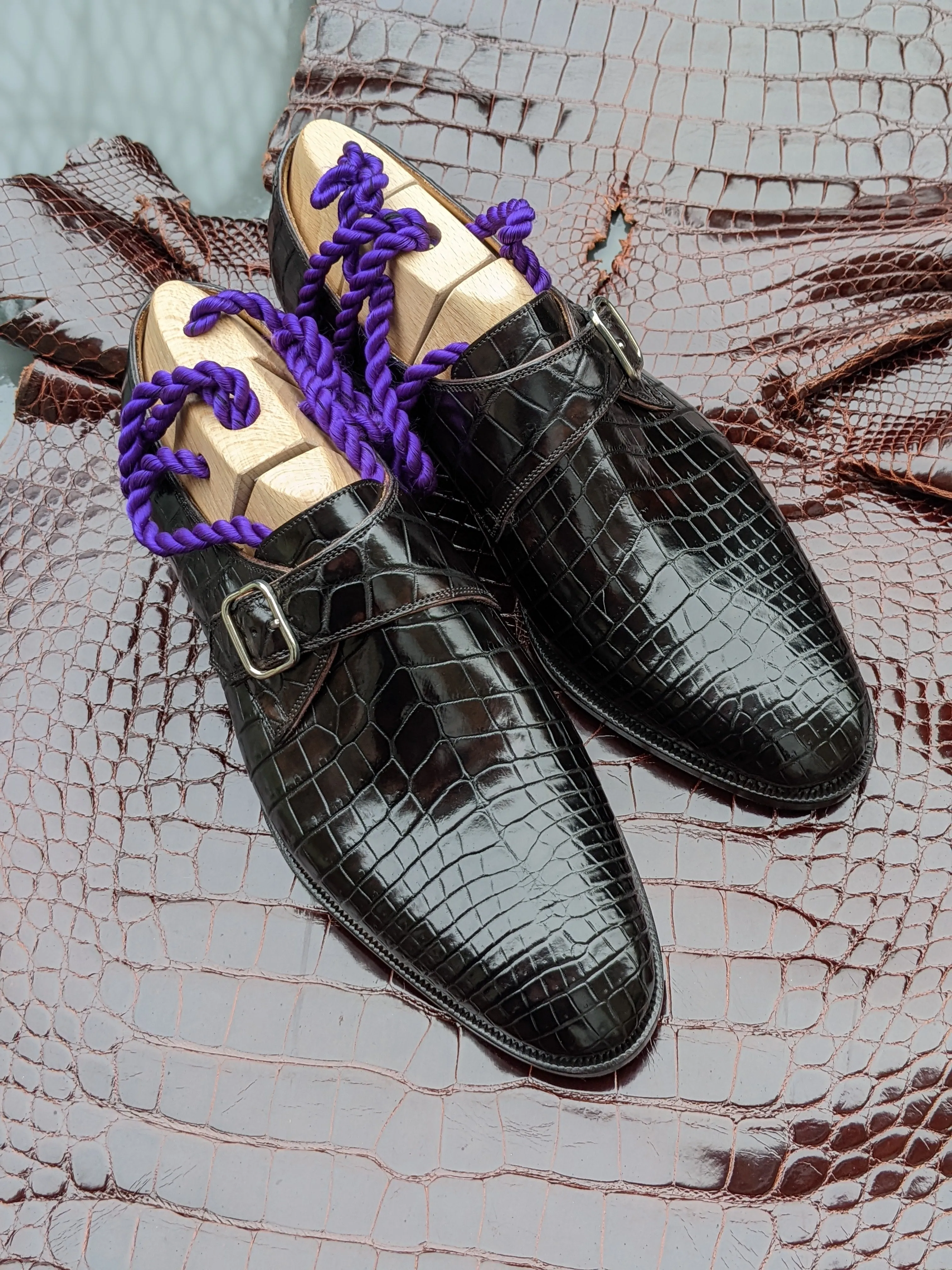 Ascot Single Monk - Dark Brown Crocodile
