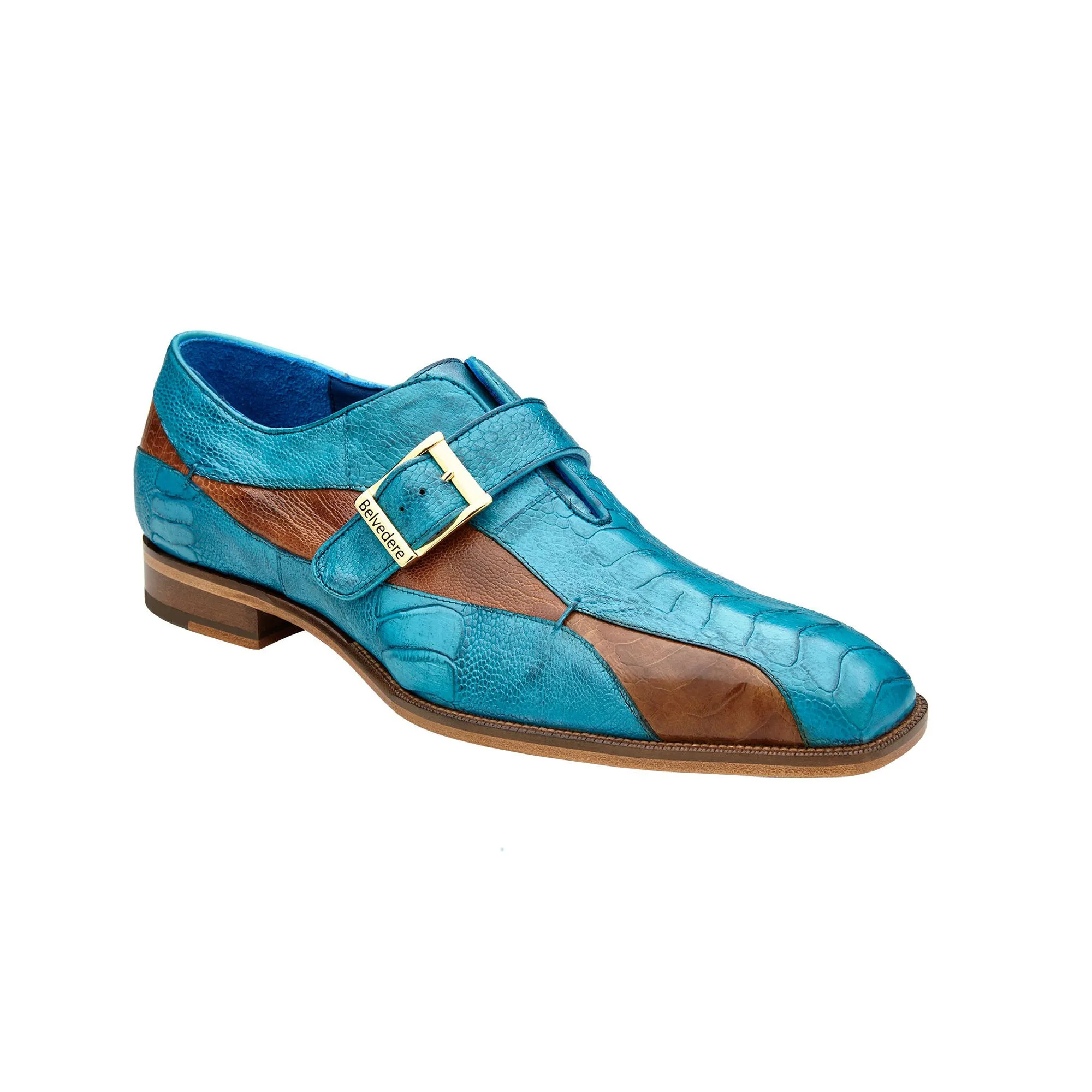 Belvedere Marte in Antique Ocean Blue / Brandy Ostrich Leg Single Monk Strap Shoes