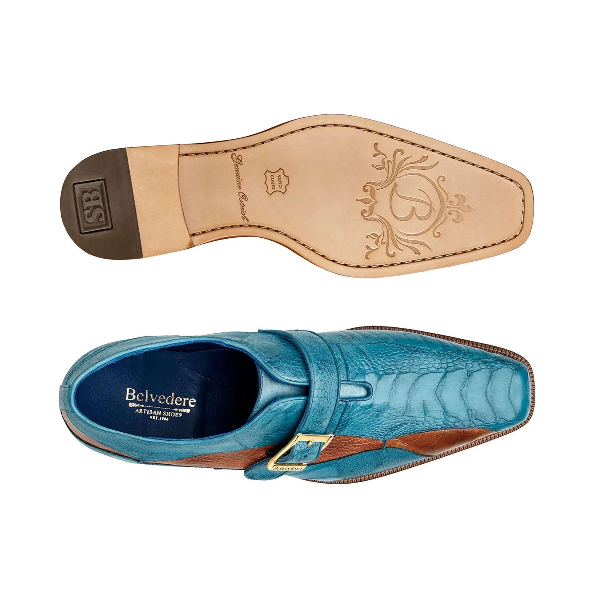 Belvedere Marte in Antique Ocean Blue / Brandy Ostrich Leg Single Monk Strap Shoes