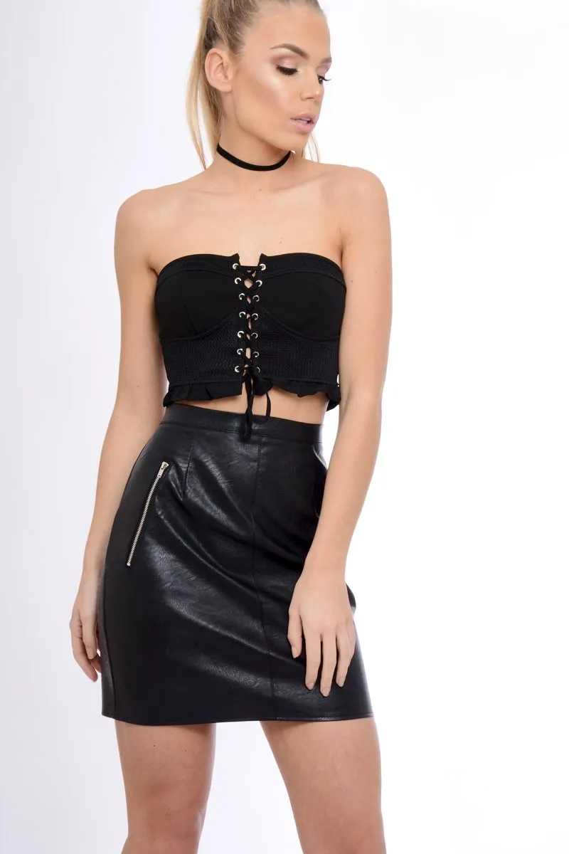 Black Mesh Lace Up Frill Bandeau Top - Gisella