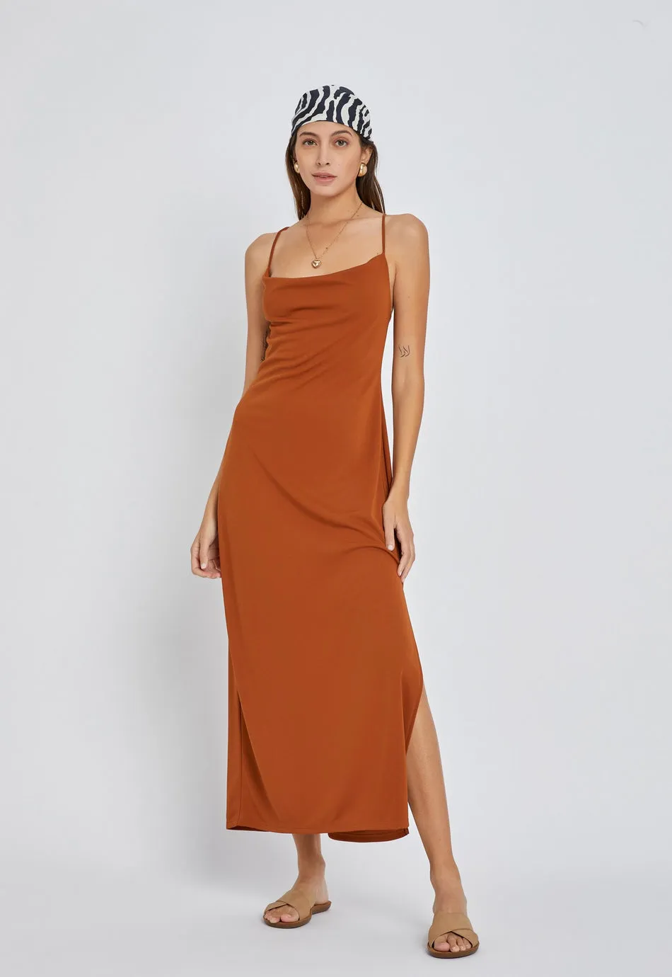 Caramel Cowl Neck Dress