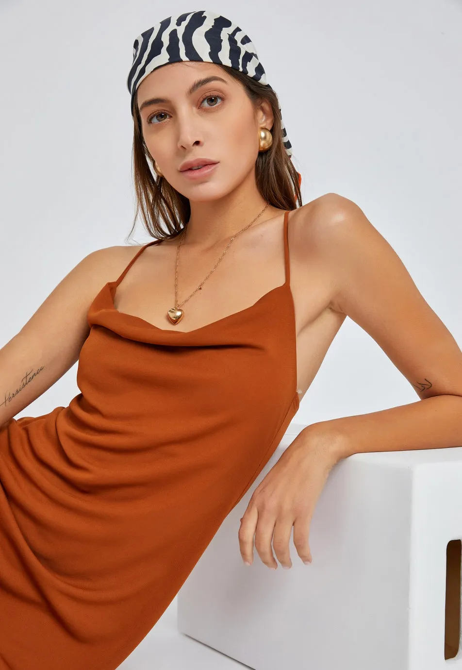 Caramel Cowl Neck Dress