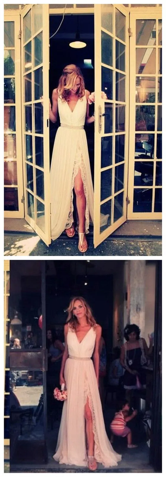 Charming White Long Lace V Neck Side Split Long Prom Dresses, BG51240