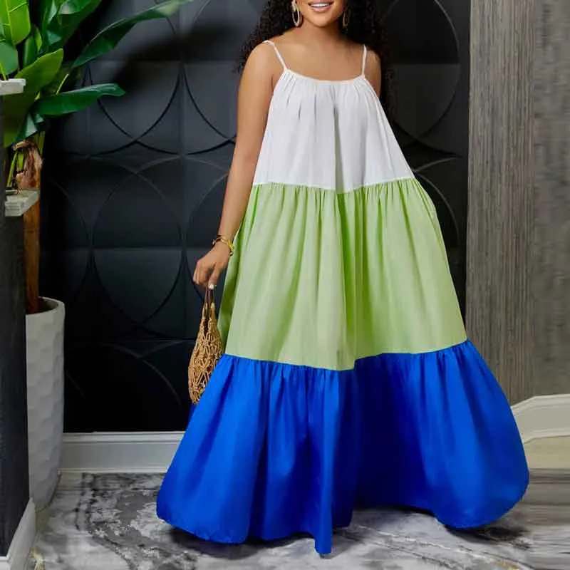 Colorblock Sleeveless Spaghetti Strap Loose Maxi Dress