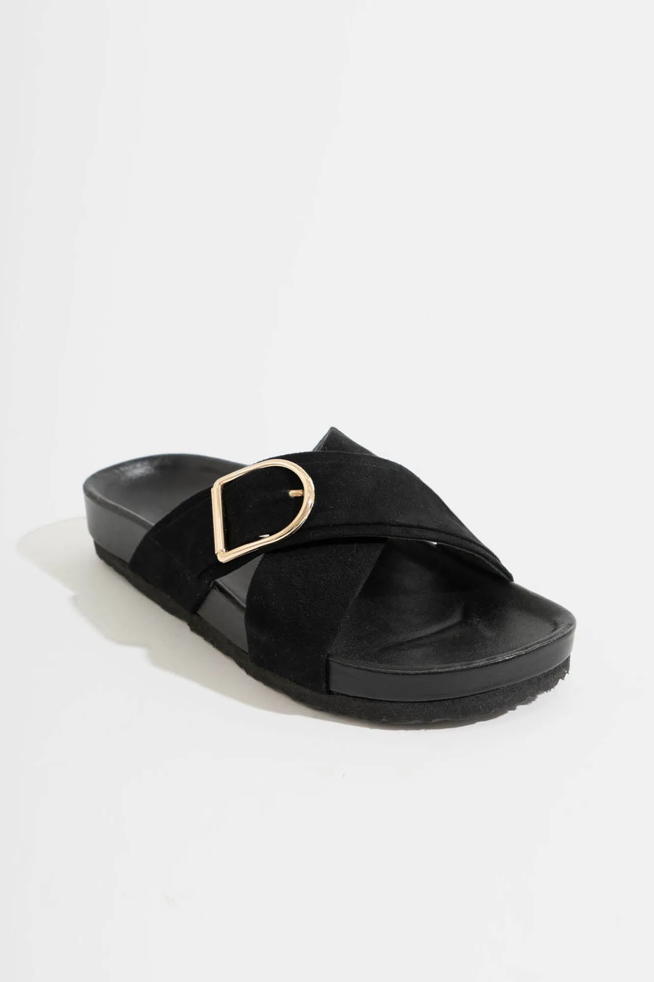 Criss Cross Buckle Strap Suede Sliders