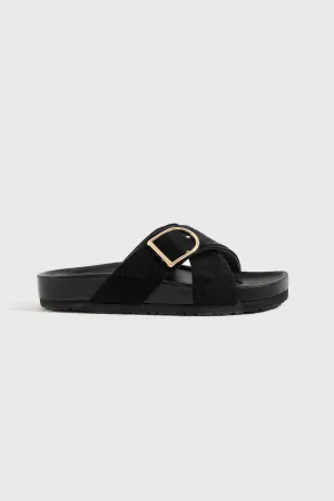 Criss Cross Buckle Strap Suede Sliders