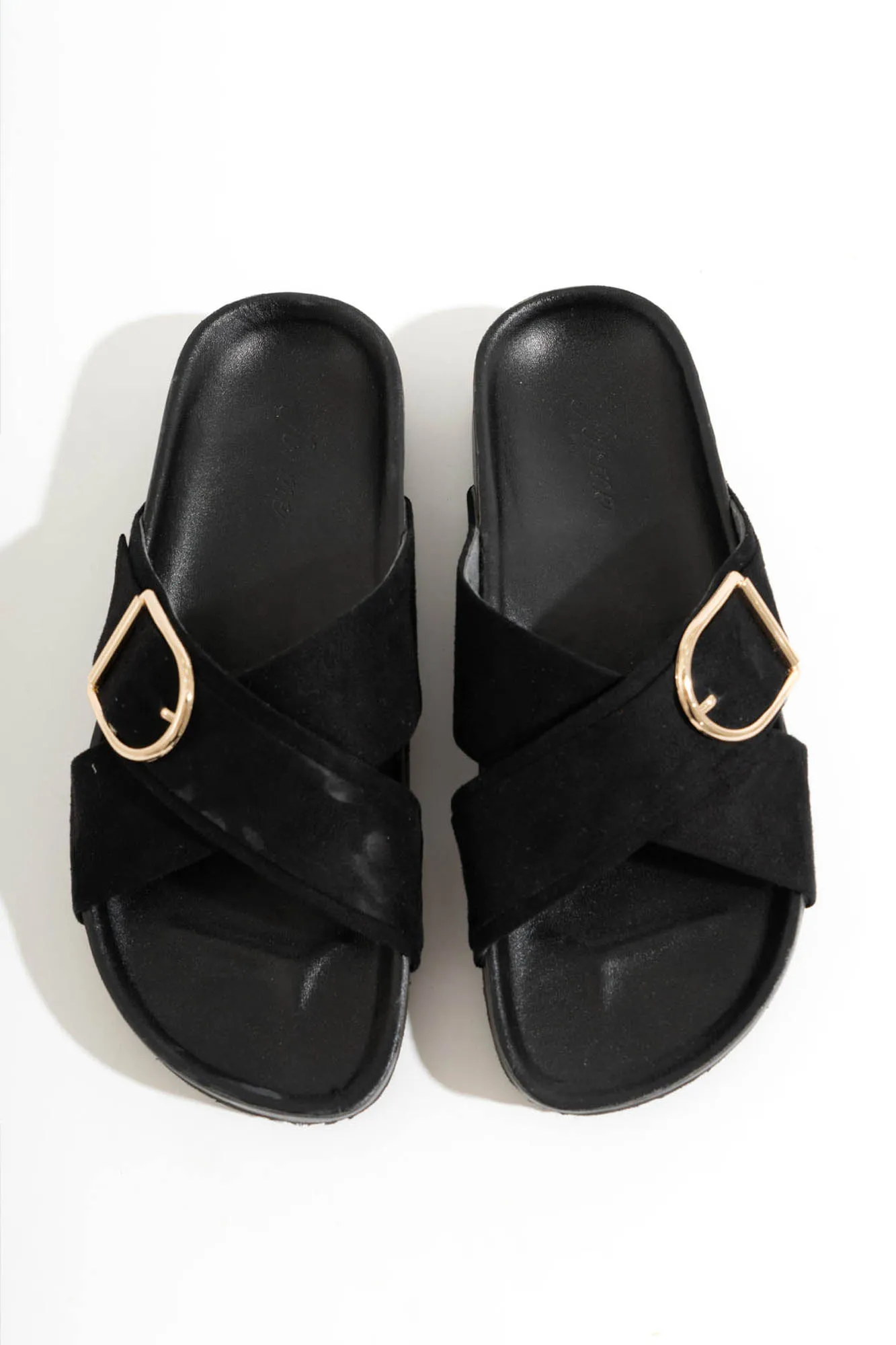 Criss Cross Buckle Strap Suede Sliders