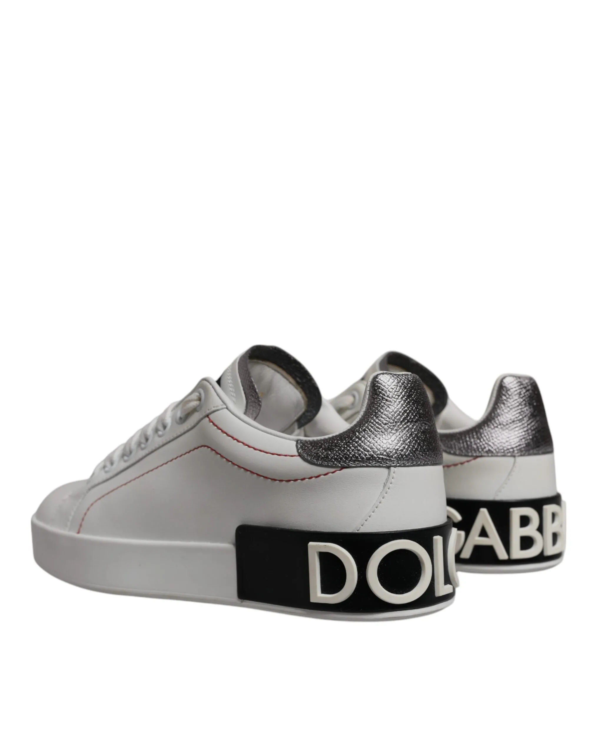 Dolce & Gabbana White Silver Leather Portofino Sneakers Shoes