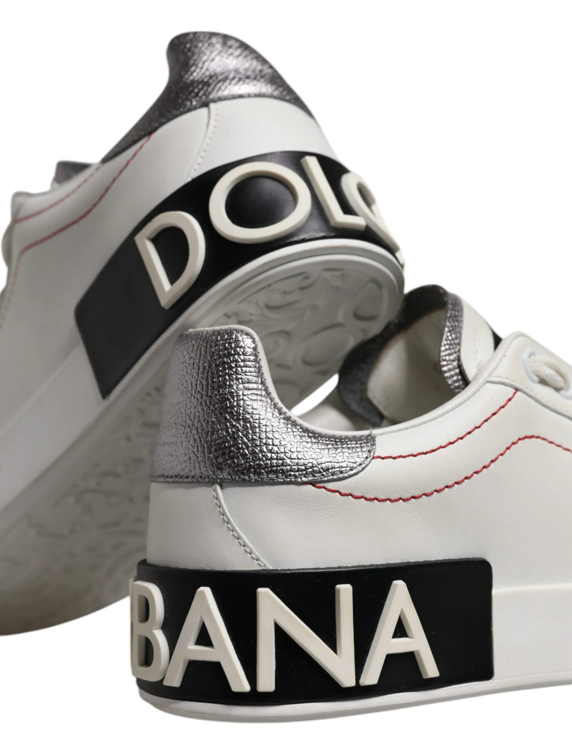 Dolce & Gabbana White Silver Leather Portofino Sneakers Shoes