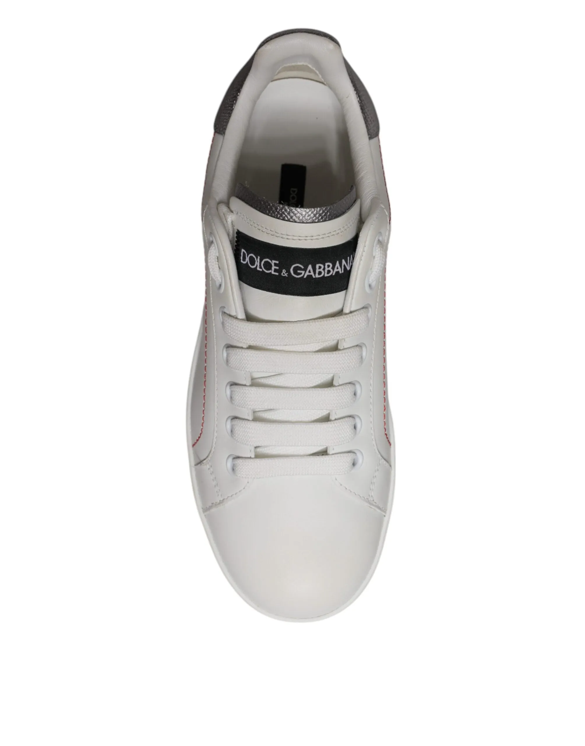 Dolce & Gabbana White Silver Leather Portofino Sneakers Shoes