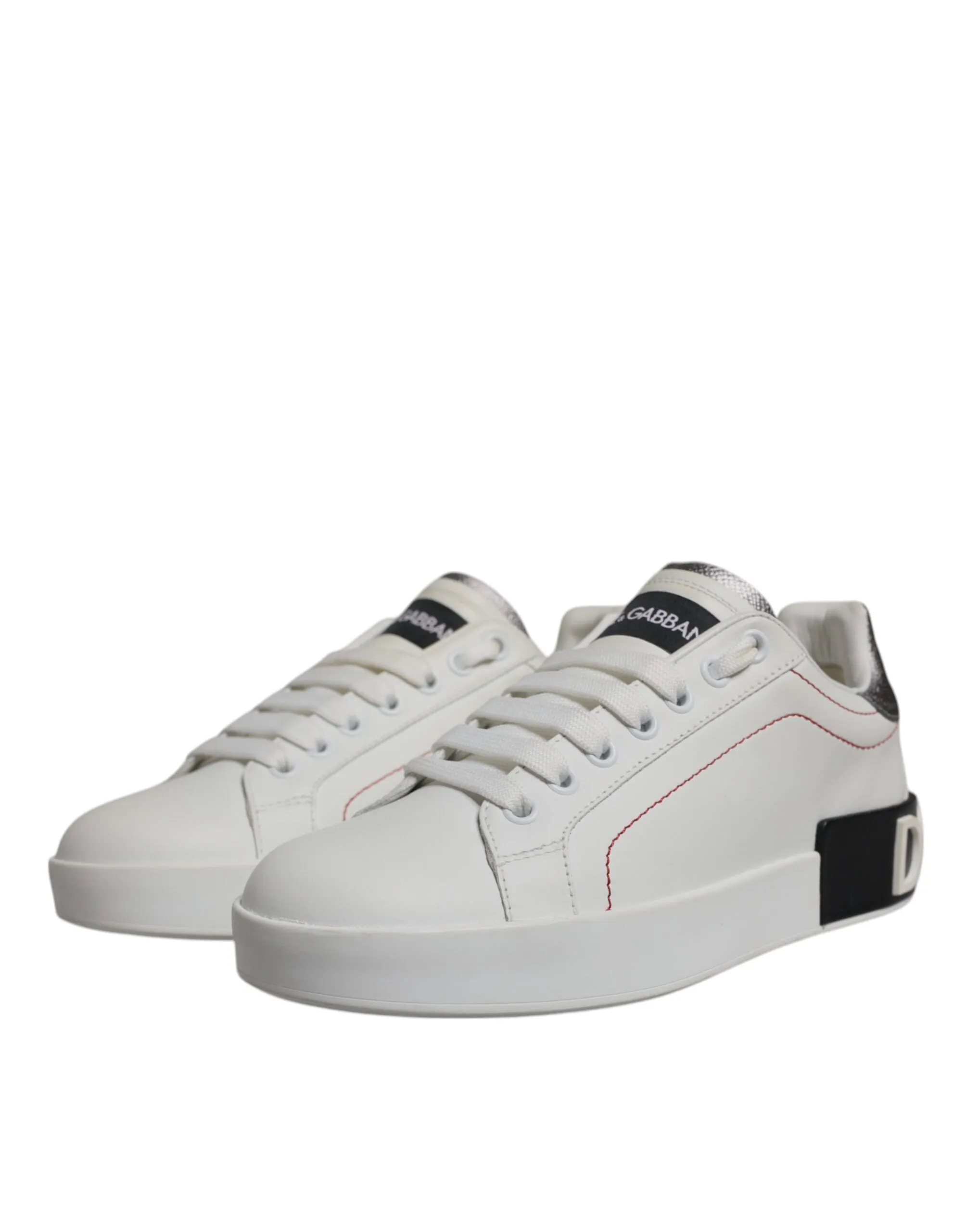 Dolce & Gabbana White Silver Leather Portofino Sneakers Shoes