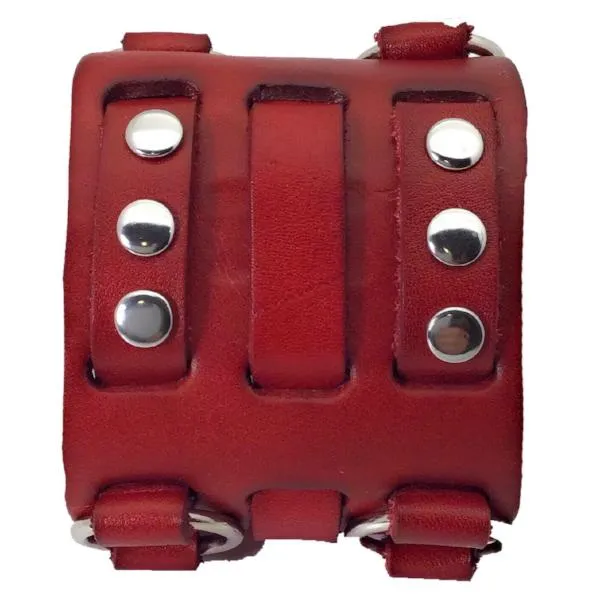 Double Ring Bullet Red Leather Triple Strap Cuff RWB