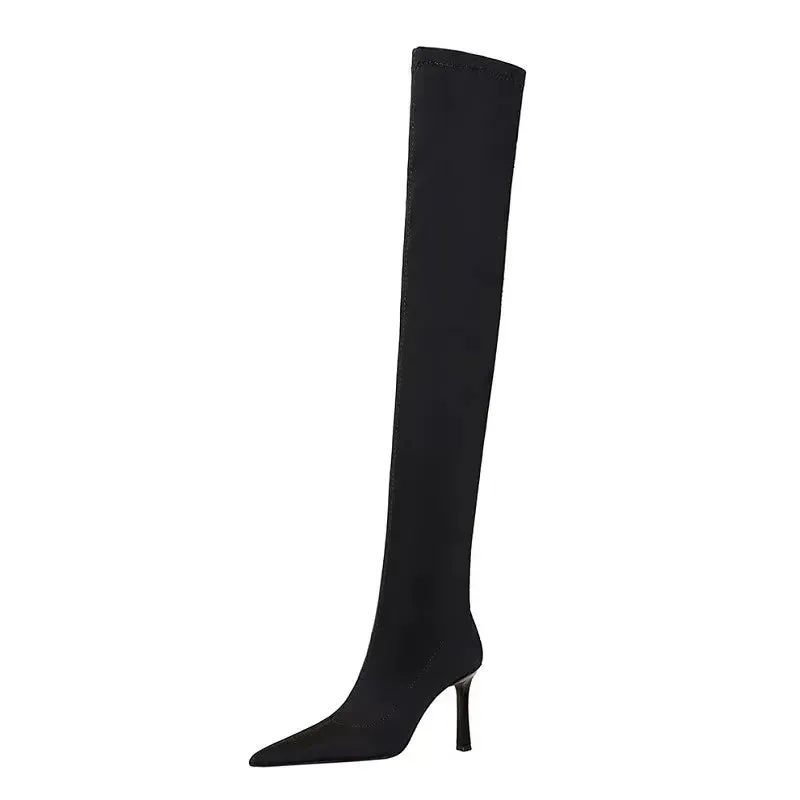 Fashion Pleated Pointed toe Knee-High Boots Thin Heels Women Ladies Shoes