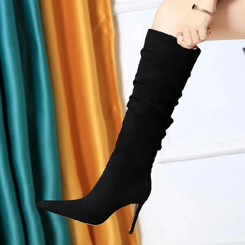 Fashion Pleated Pointed toe Knee-High Boots Thin Heels Women Ladies Shoes