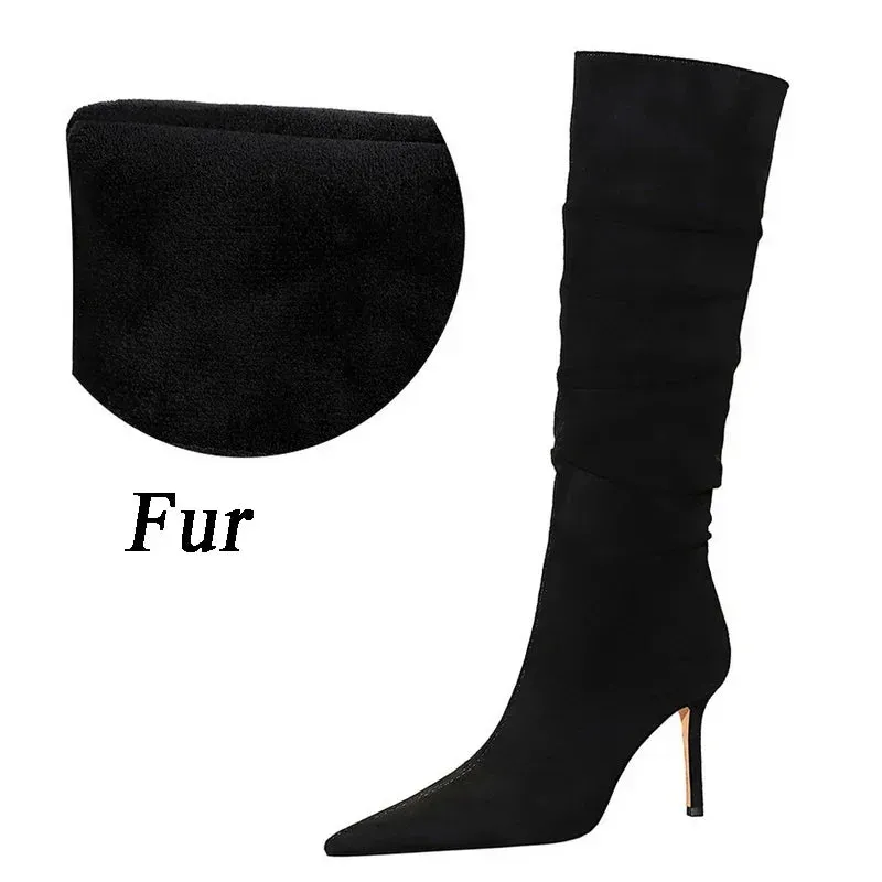 Fashion Pleated Pointed toe Knee-High Boots Thin Heels Women Ladies Shoes