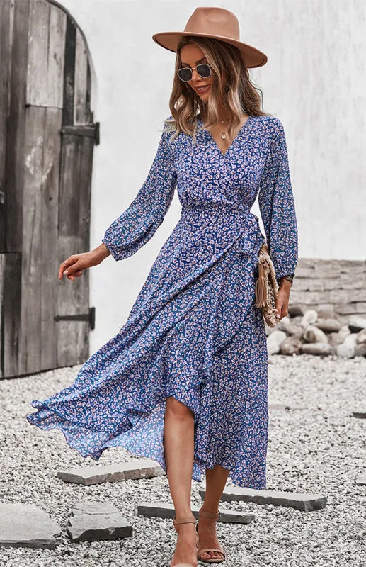 Floral Print Midi Dress with Lace-Up Waist and Wrap Chest