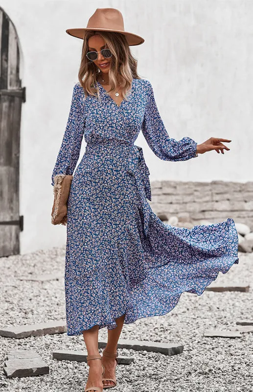 Floral Print Midi Dress with Lace-Up Waist and Wrap Chest