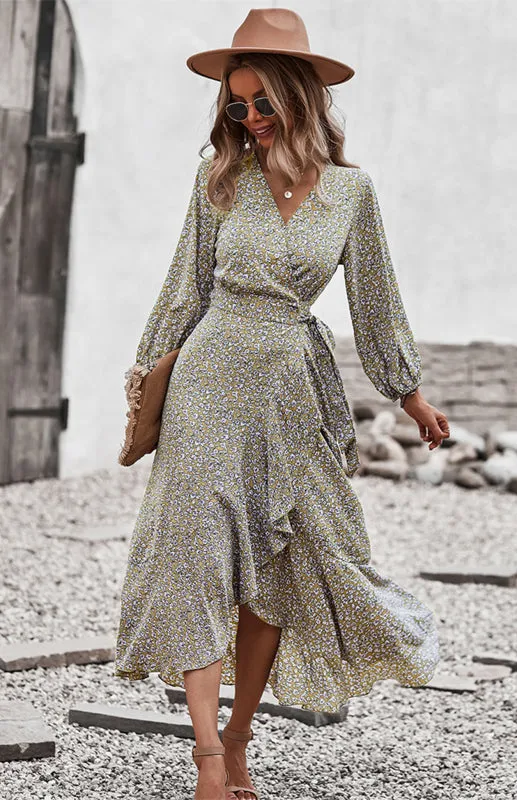 Floral Print Midi Dress with Lace-Up Waist and Wrap Chest