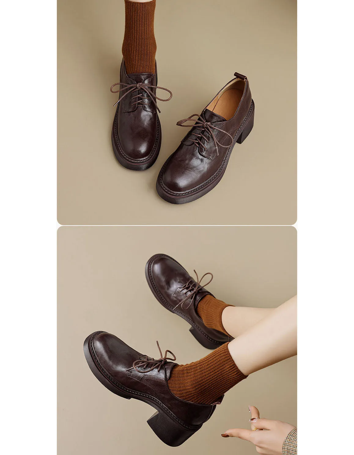 Genuine Leather Lace-up Chunky Heels Shoes