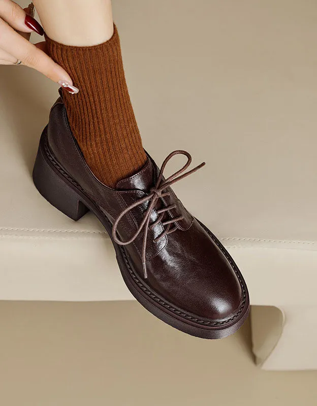 Genuine Leather Lace-up Chunky Heels Shoes