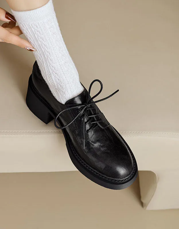 Genuine Leather Lace-up Chunky Heels Shoes