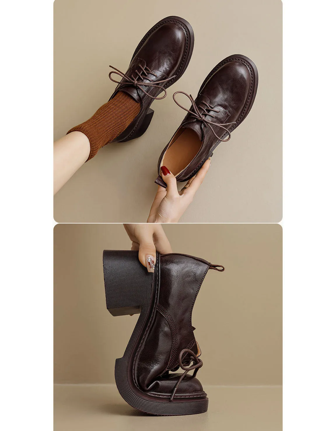 Genuine Leather Lace-up Chunky Heels Shoes