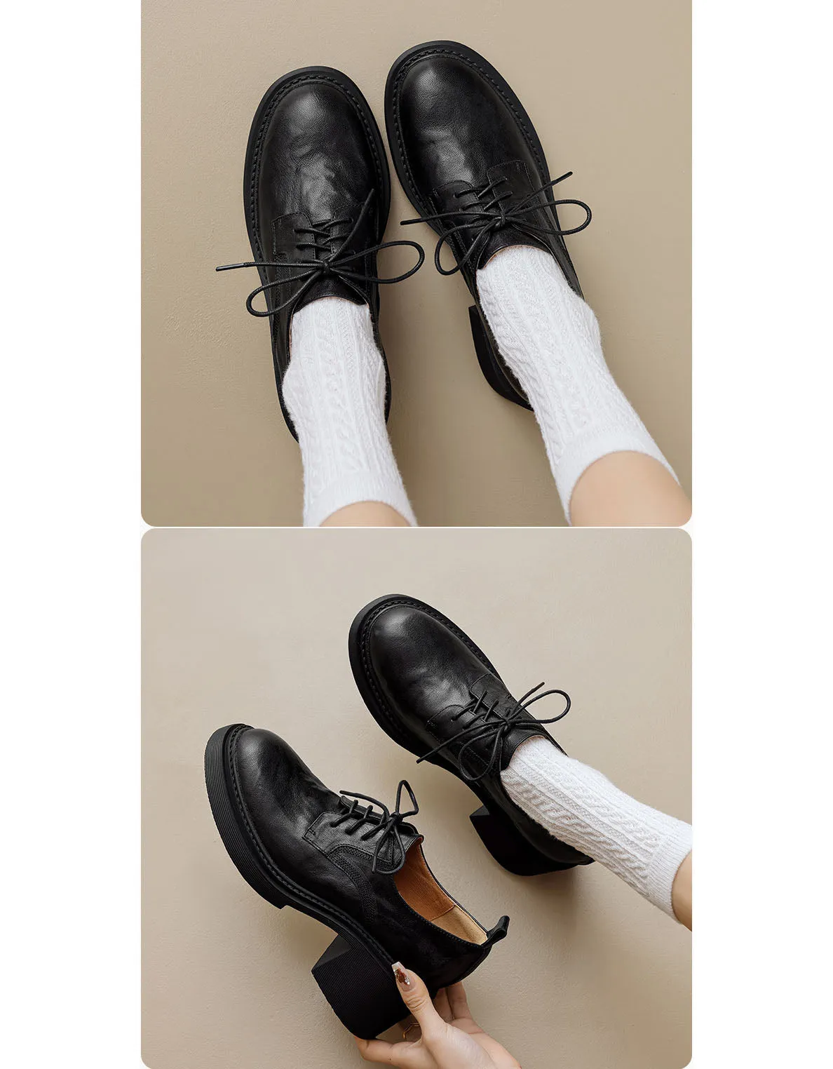 Genuine Leather Lace-up Chunky Heels Shoes