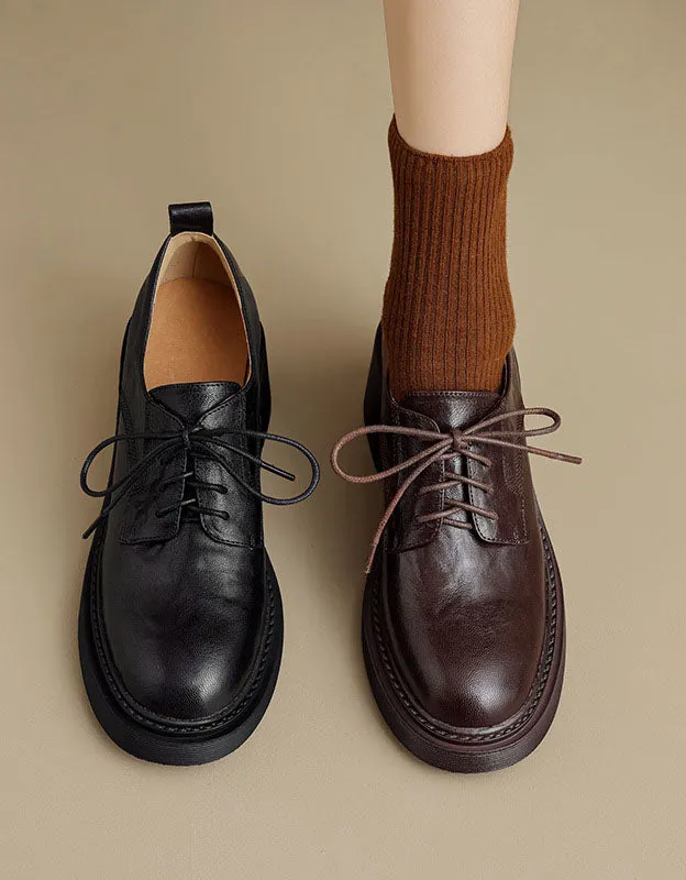 Genuine Leather Lace-up Chunky Heels Shoes