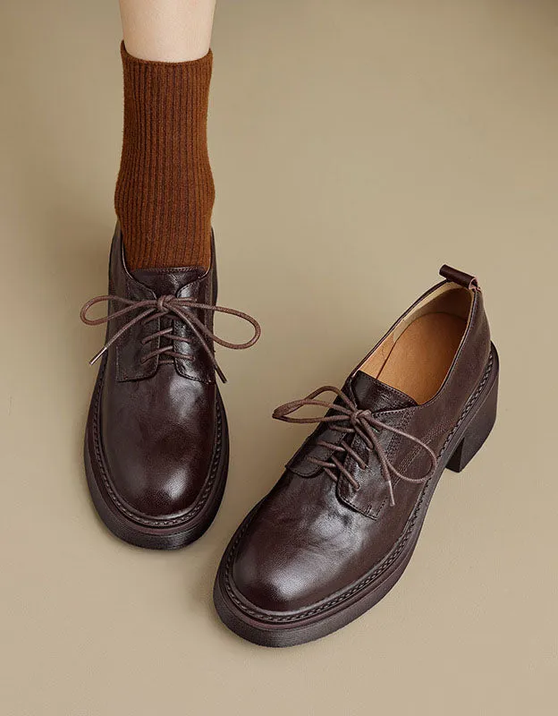Genuine Leather Lace-up Chunky Heels Shoes