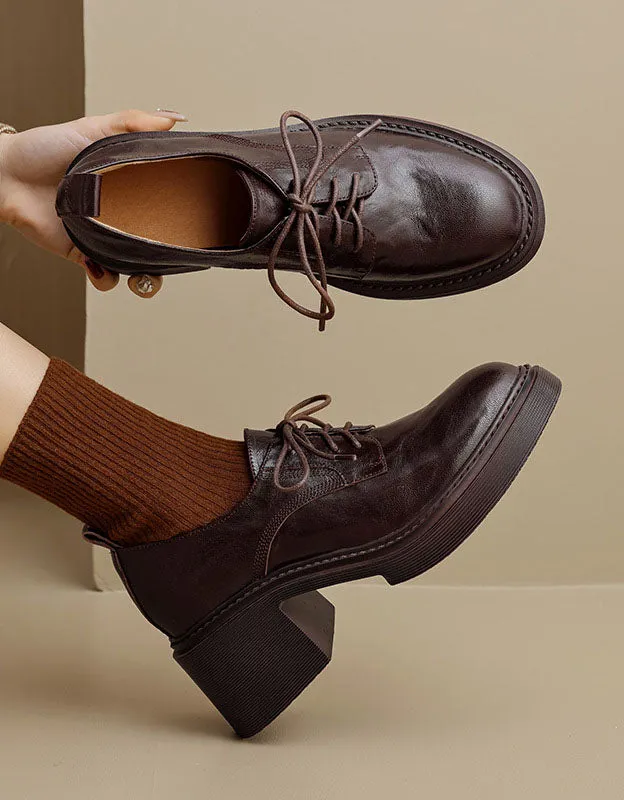 Genuine Leather Lace-up Chunky Heels Shoes