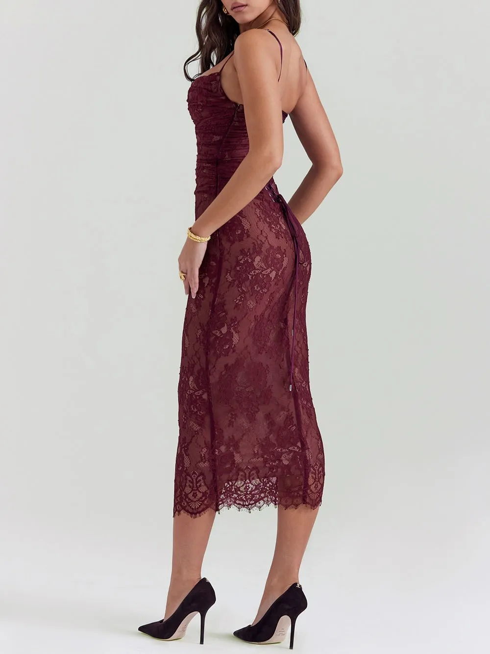 JazzHer Gaia Claret Lace Midi Dress