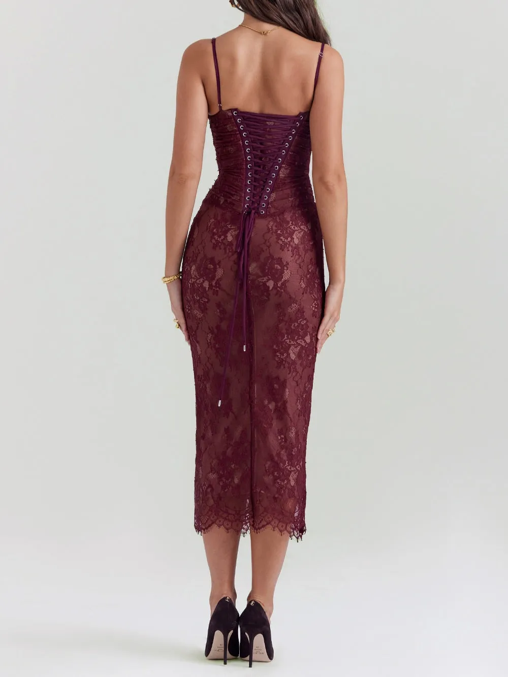 JazzHer Gaia Claret Lace Midi Dress