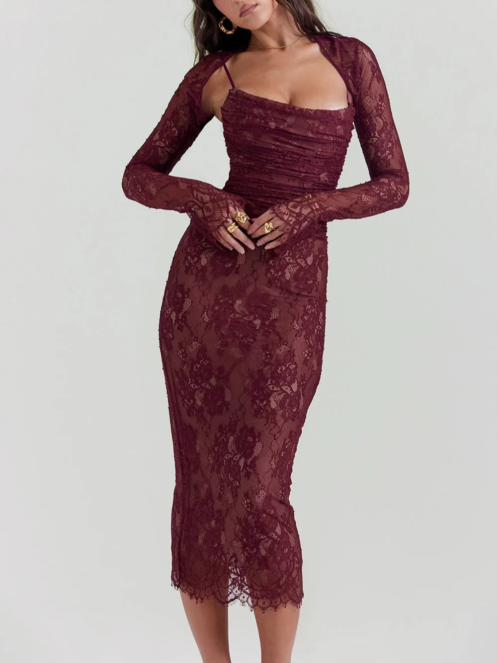 JazzHer Gaia Claret Lace Midi Dress