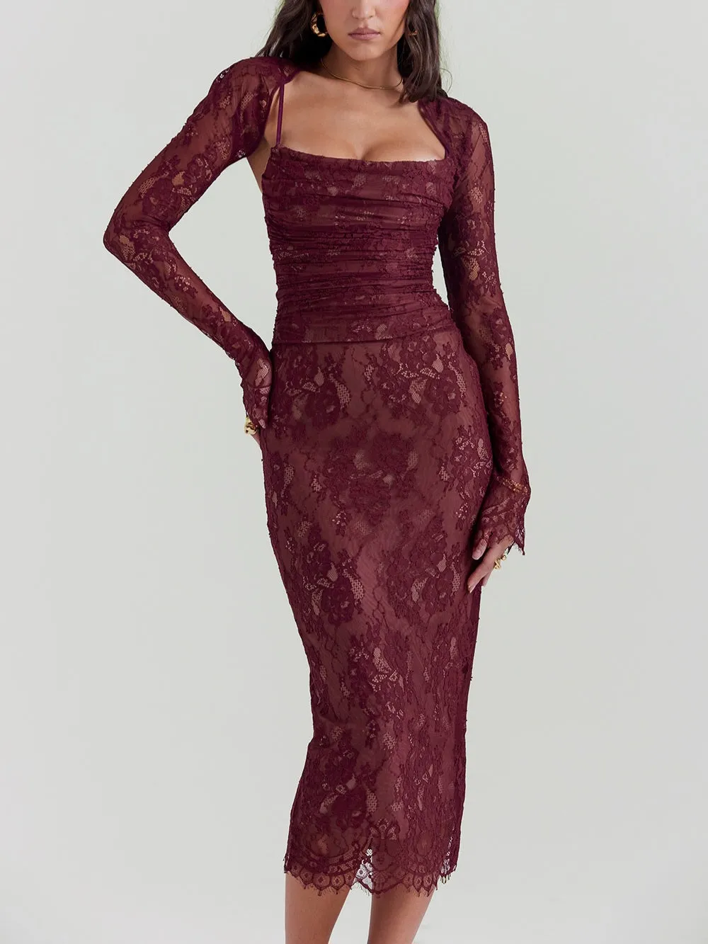 JazzHer Gaia Claret Lace Midi Dress