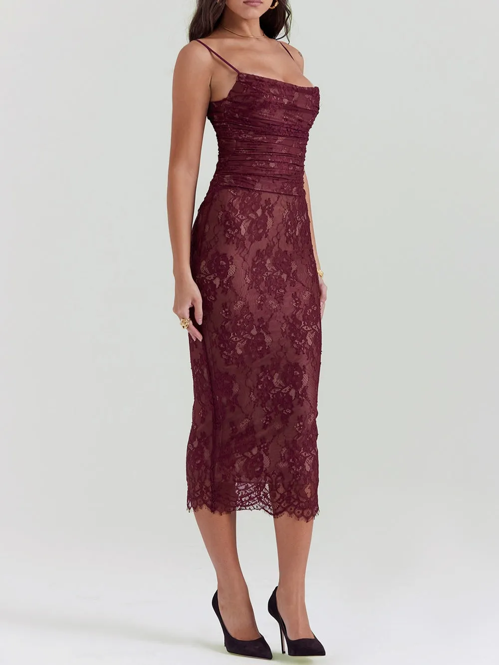 JazzHer Gaia Claret Lace Midi Dress