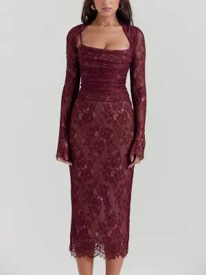 JazzHer Gaia Claret Lace Midi Dress