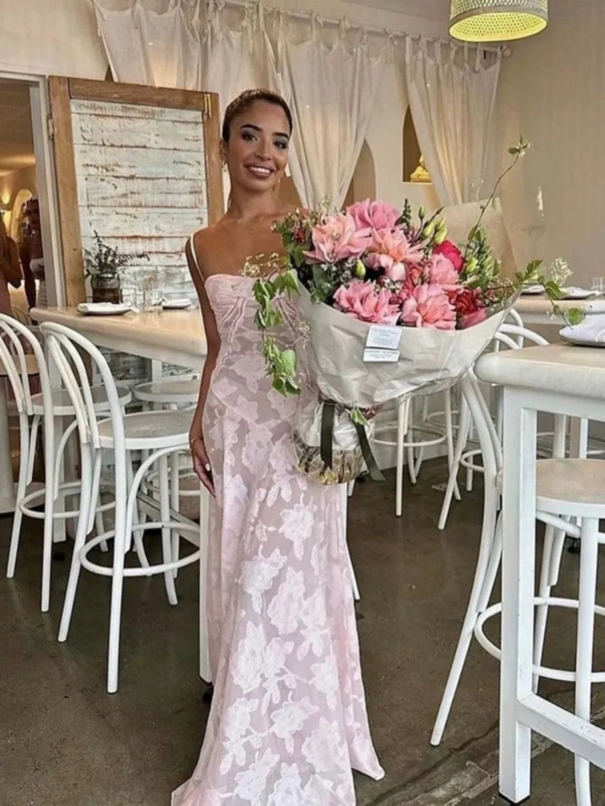 JazzHer Pretty Mermaid Spaghetti Straps Light Pink Lace Prom Dresses Long Evening Dress (PRE-ORDER)