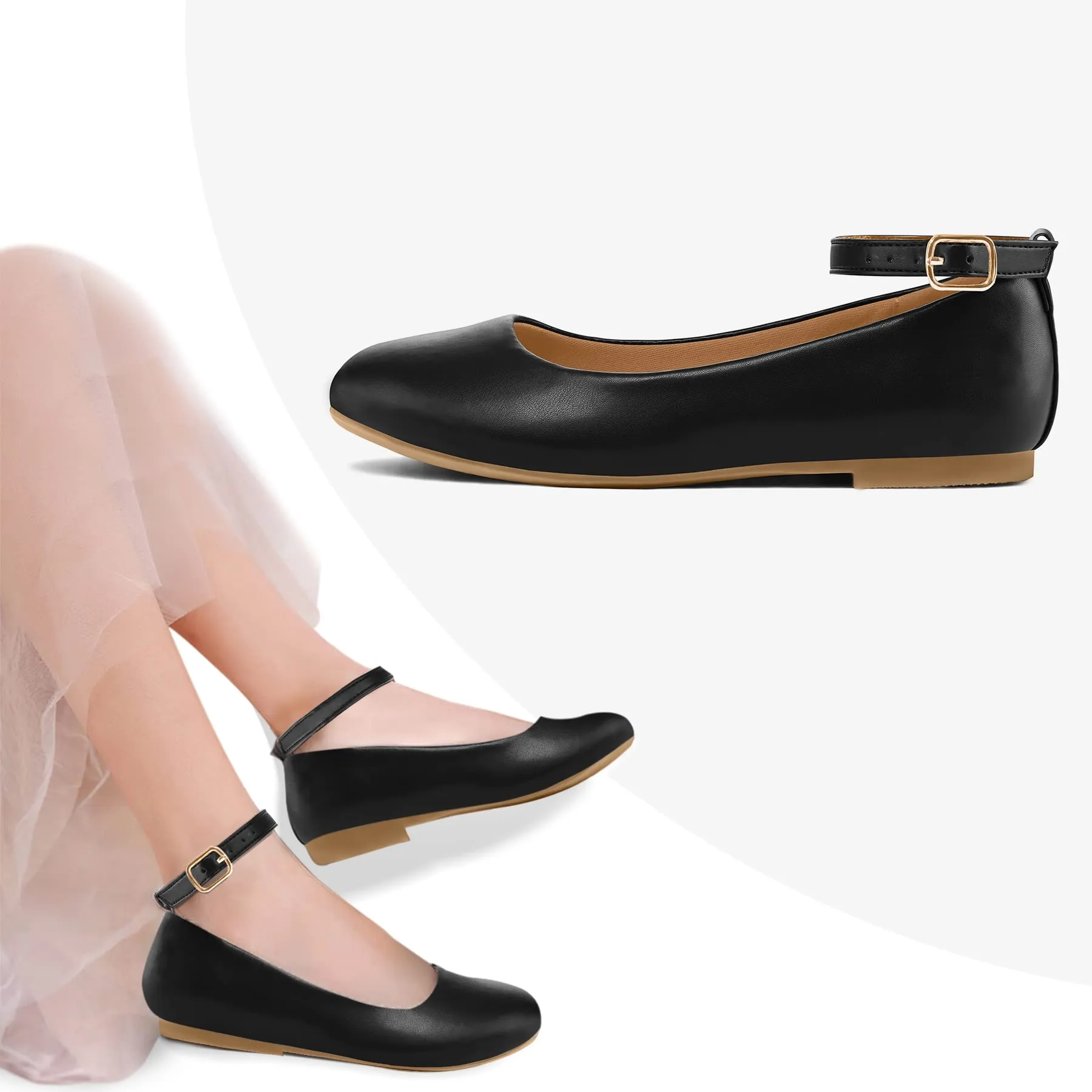 Kids Dress Shoes-PU Leather Ankle Strap Ballet Flat Shoes