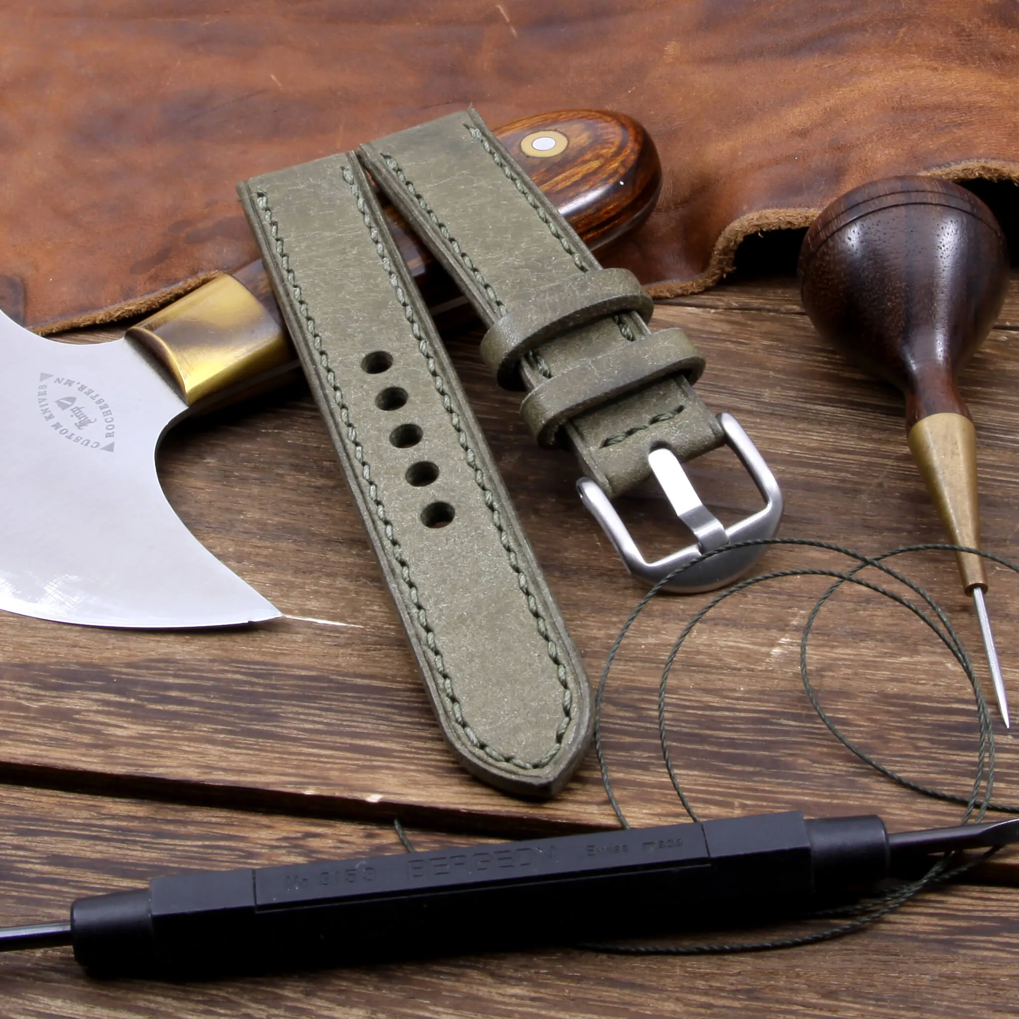 Leather Watch Strap, Rustic Olive | Full Stitch