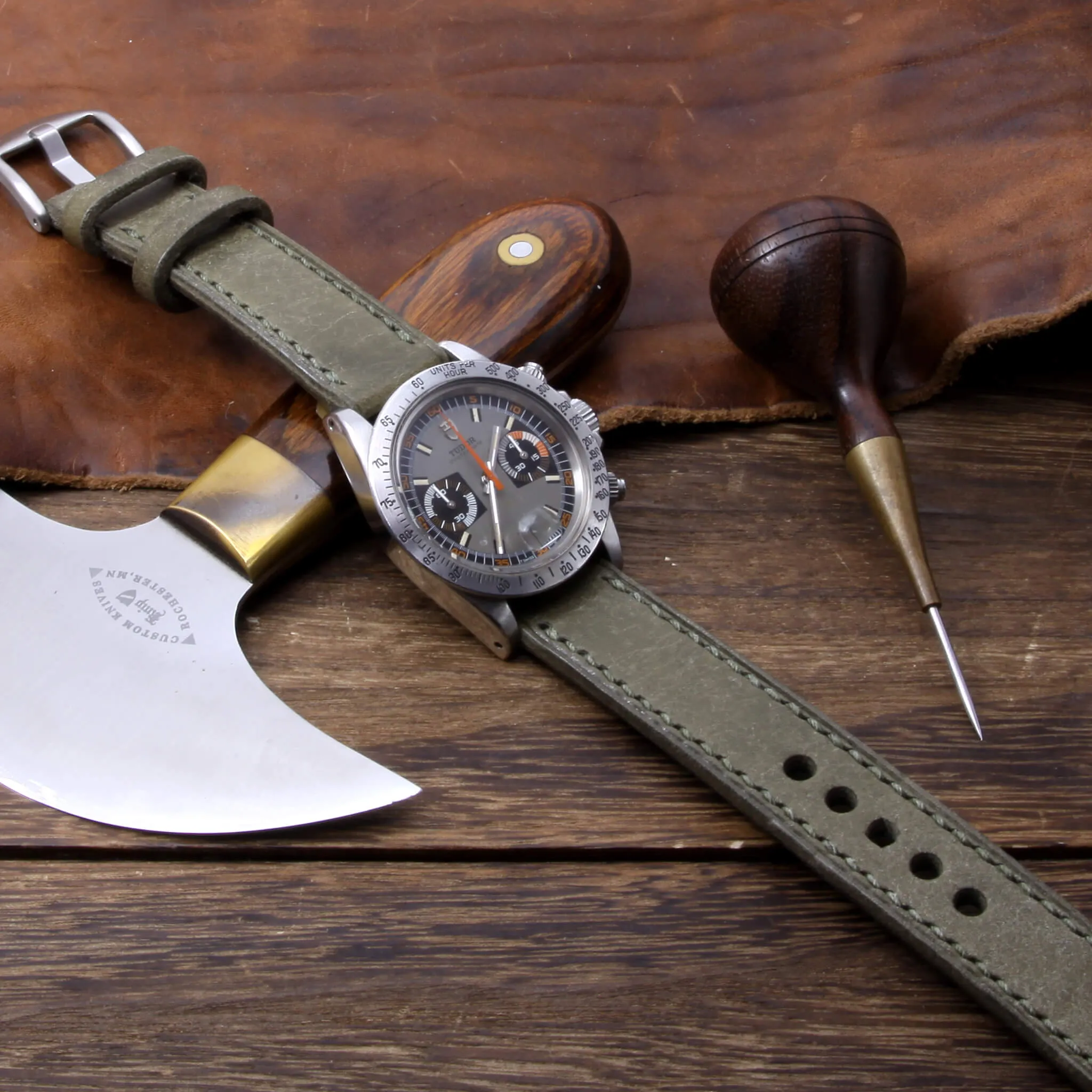 Leather Watch Strap, Rustic Olive | Full Stitch