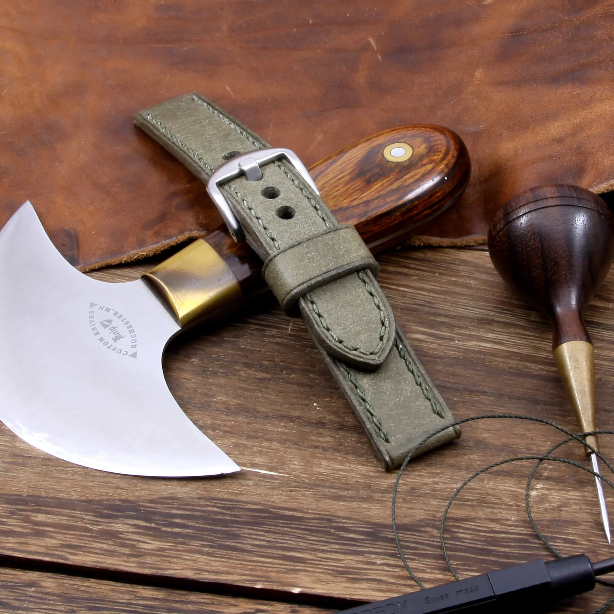 Leather Watch Strap, Rustic Olive | Full Stitch