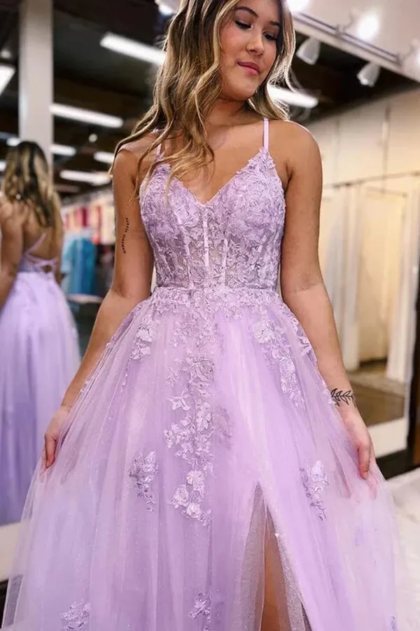 Lilac Tulle A-line V-neck Prom Dresses With Side Slit, Long Formal Dresses, MP794