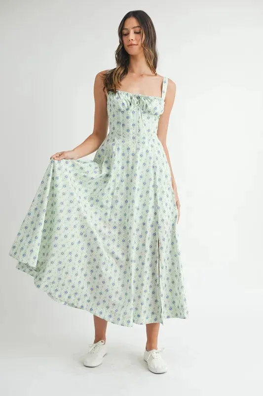 MABLE Floral Print Bustier Back Lace Up Midi Dress