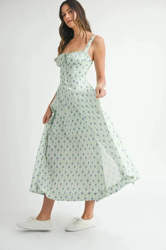 MABLE Floral Print Bustier Back Lace Up Midi Dress