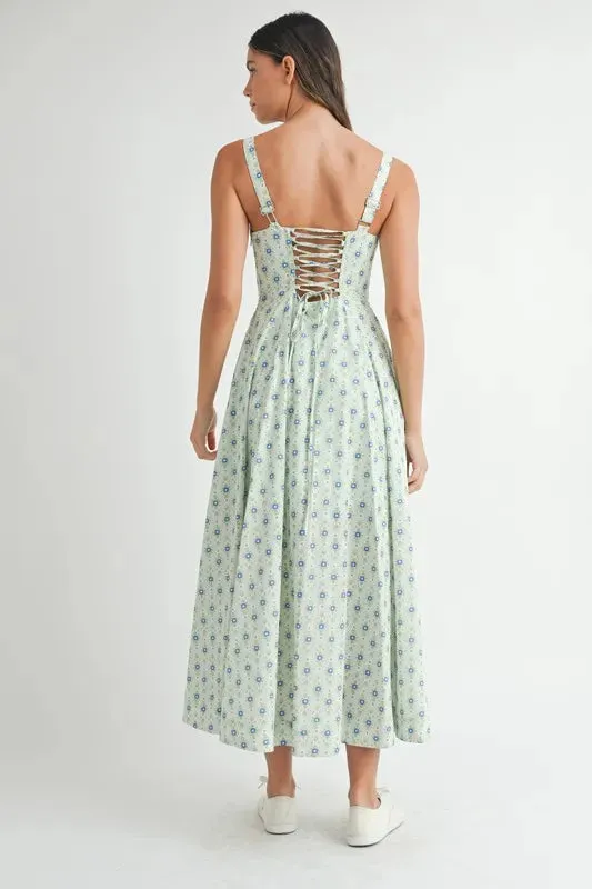 MABLE Floral Print Bustier Back Lace Up Midi Dress